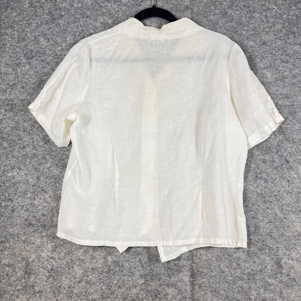 Vintage Ivory Linen Embroidered Button Blouse XL Short Sleeve Summer Cottagecore - Picture 14 of 16